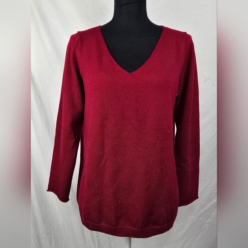 Eileen Fisher Romantic Red V-Neck Italian Yarn Merino Wool Sweater sz M Petite